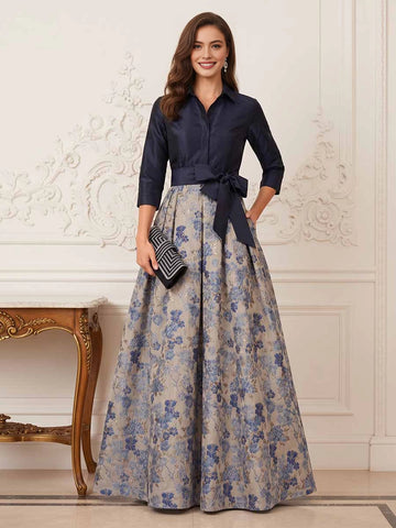 vedress navy color block floor length mother of the bride dress shirt collar 3/4 sleeve sash bow floral jacquard a line gown