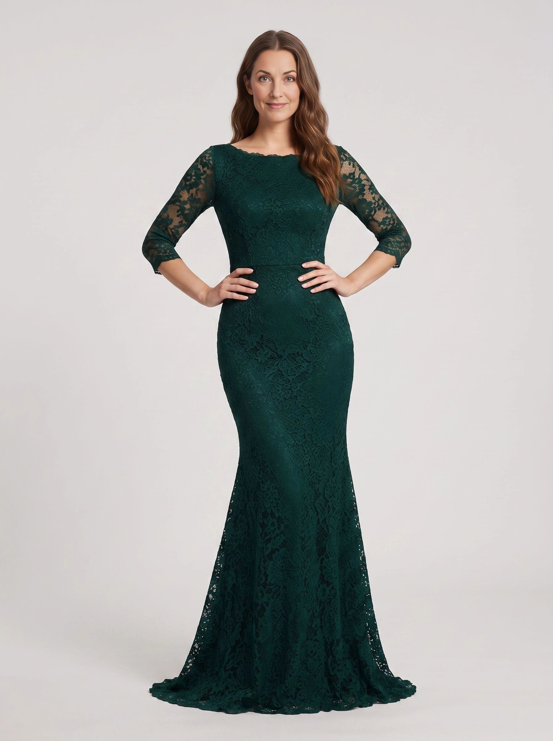 Vedress emerald green lace mermaid mother of the bride dress bateau neck 3/4 sleeve formal wedding gown