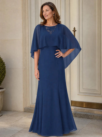 Vedress navy chiffon mermaid mother of the bride dress bateau neck cape sleeve formal wedding gown