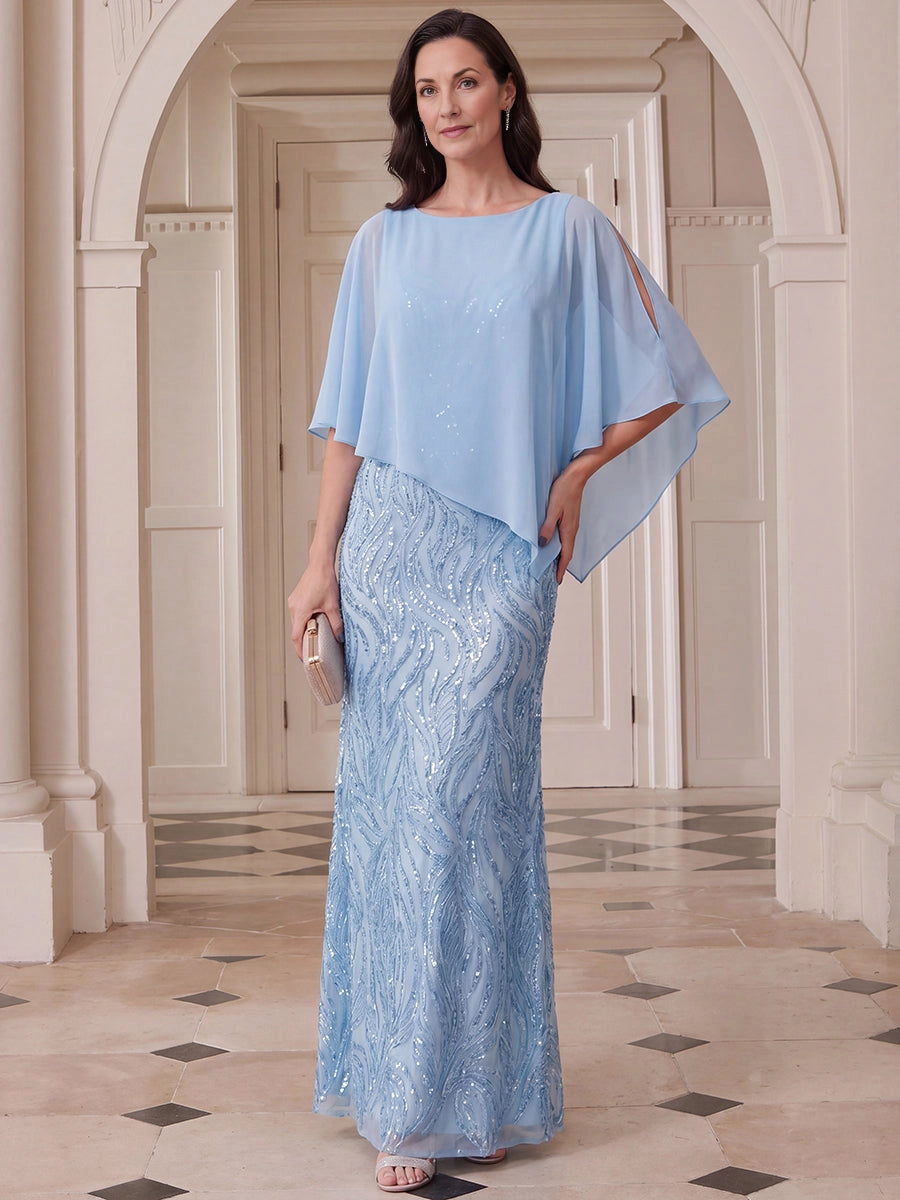 Vedress light blue sequin mermaid mother of the bride dress with chiffon cape sleeves