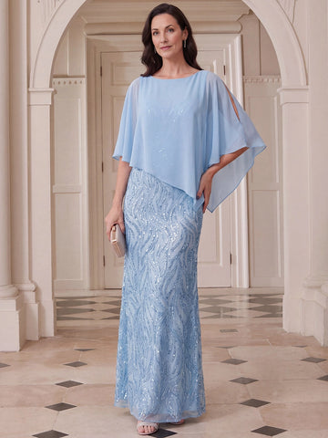 Vedress light blue sequin mermaid mother of the bride dress with chiffon cape sleeves
