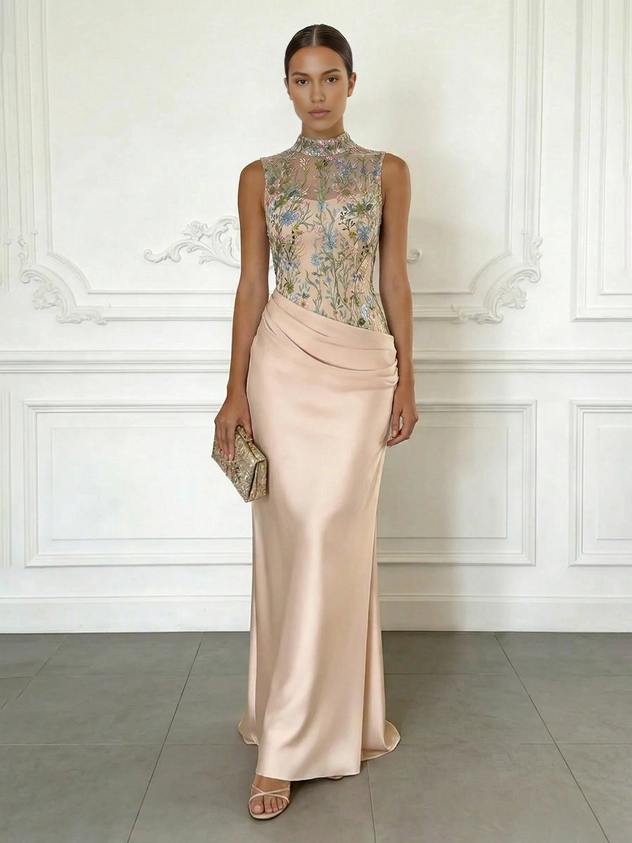 vedress champagne mermaid mother of bride dress floral embroidery high neck sleeveless satin formal gown