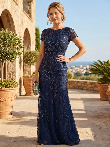 Vedress navy blue tulle leaf sequin mermaid mother of the bride dress with short sleeves