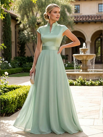 vedress sage green a line floor length mother of the bride dress stand collar cap sleeve satin chiffon gown