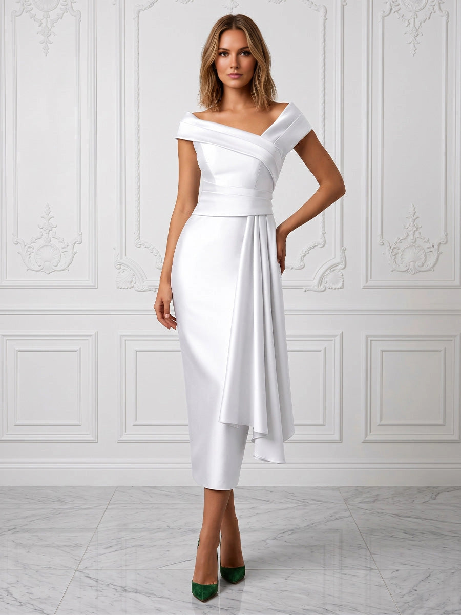 vedress white satin midi mother of the bride dress asymmetric off shoulder draped bodice waist sash gown