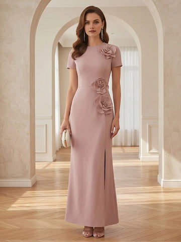vedress blush pink sheath floor length mother of the bride dress round neck short sleeve 3d floral applique front slit gown
