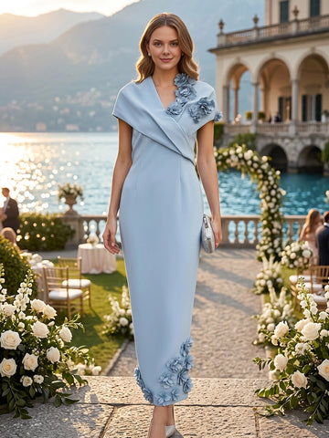 vedress light blue plus size mother dress draped v neck cap sleeve 3d floral sheath ankle length formal gown