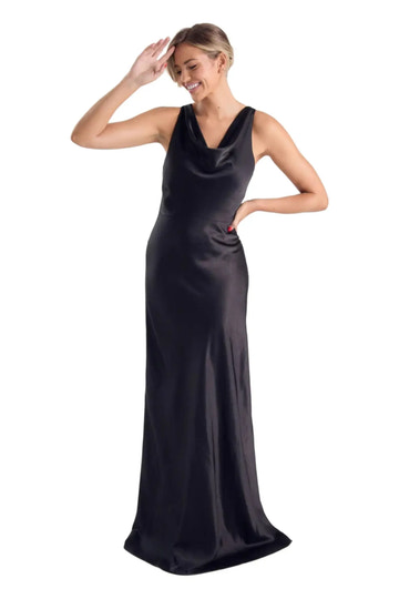 Elegant Fitted Cowl Neck Sleeveless Satin Back Zip Floor-Length Evening Gown