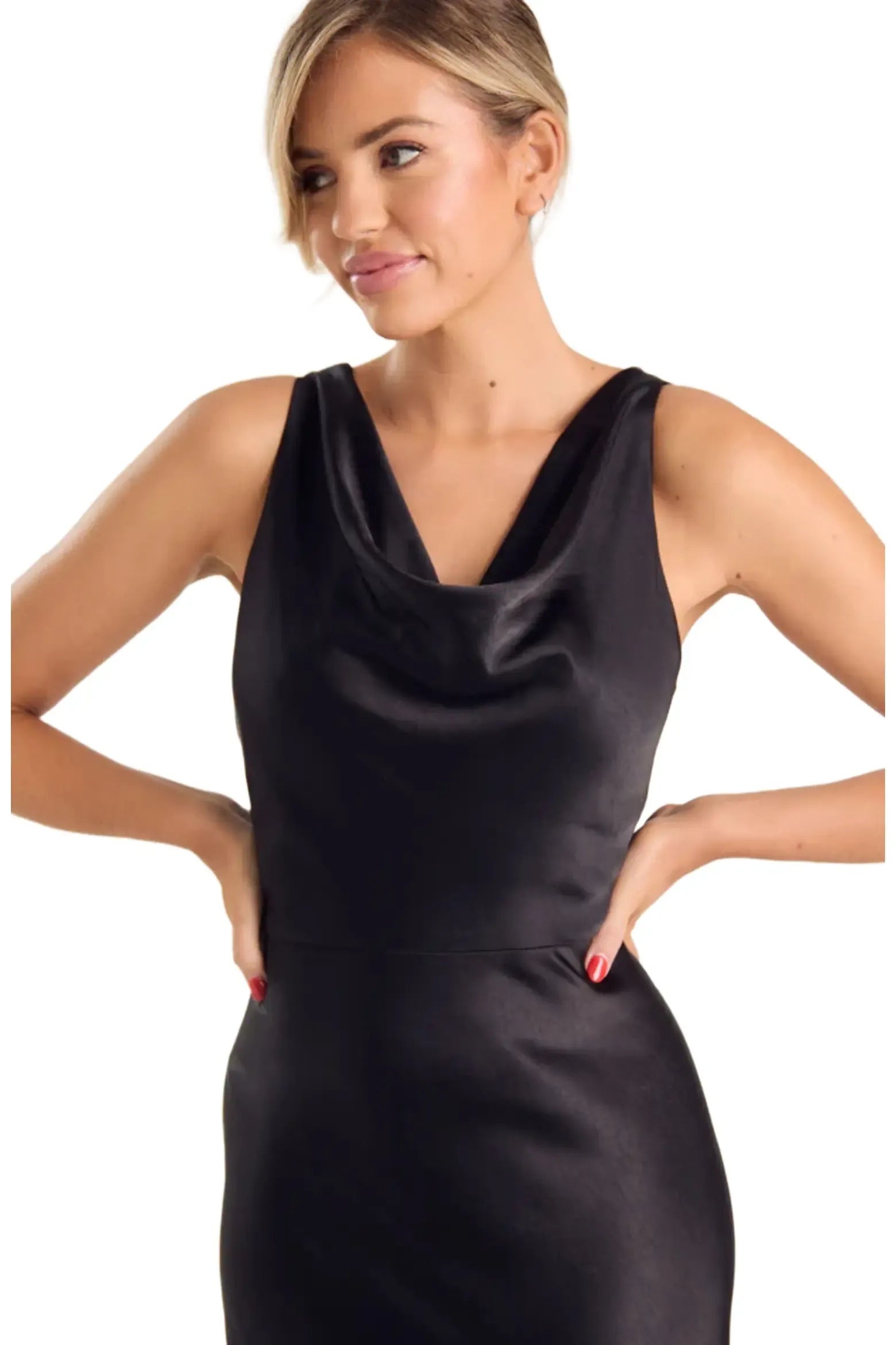 Elegant Fitted Cowl Neck Sleeveless Satin Back Zip Floor-Length Evening Gown
