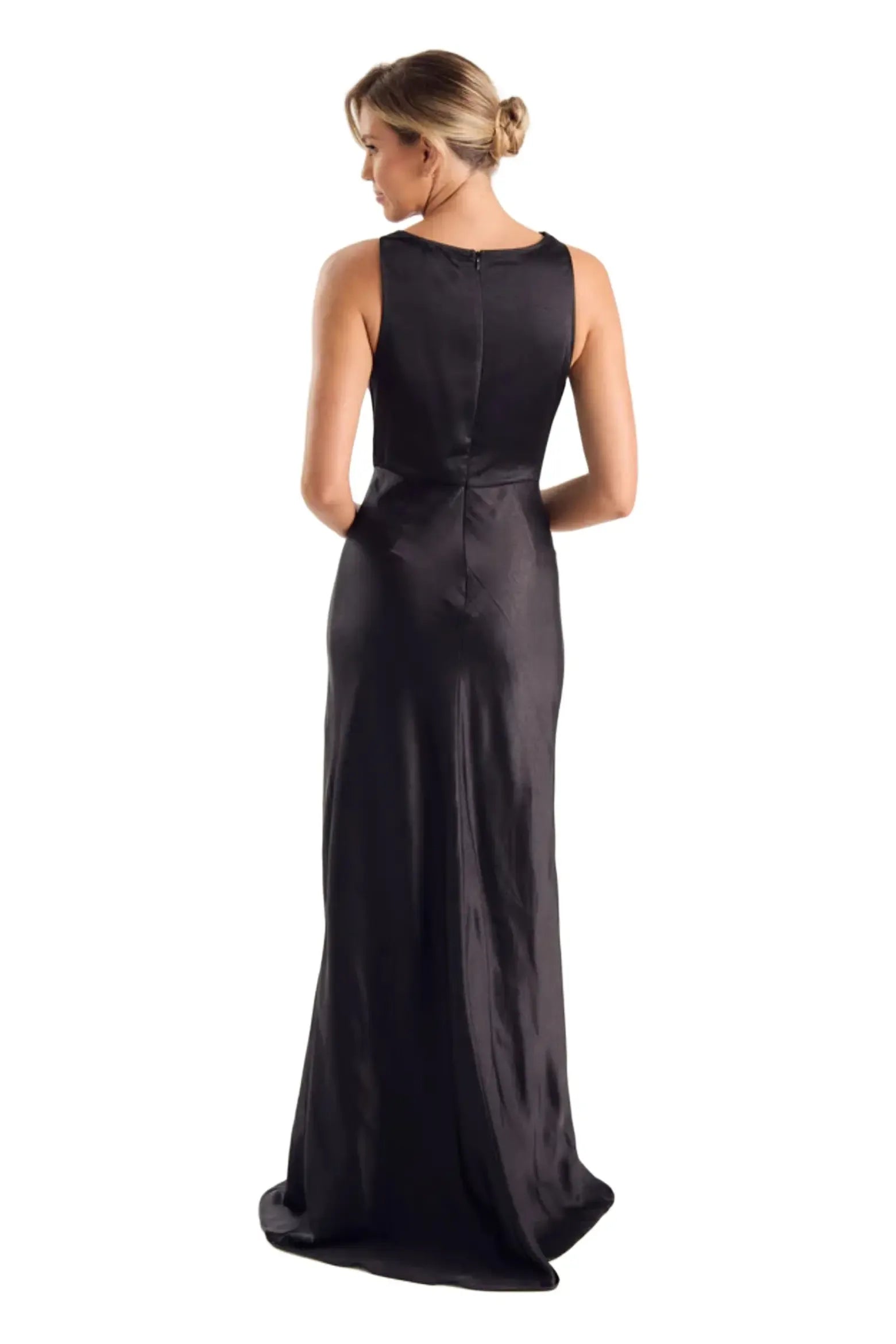 Elegant Fitted Cowl Neck Sleeveless Satin Back Zip Floor-Length Evening Gown