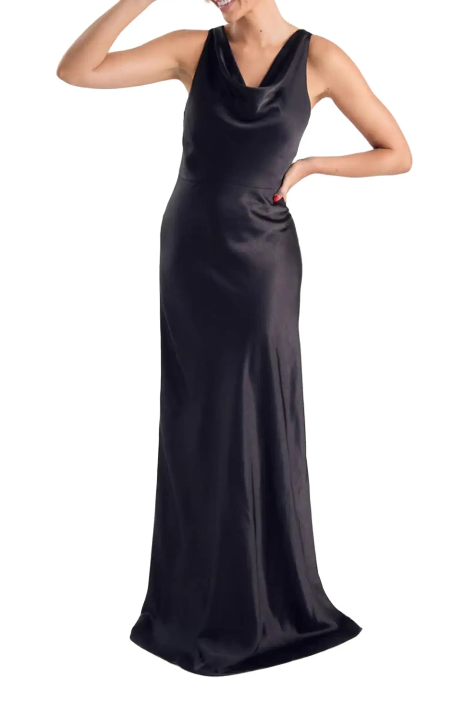 Elegant Fitted Cowl Neck Sleeveless Satin Back Zip Floor-Length Evening Gown