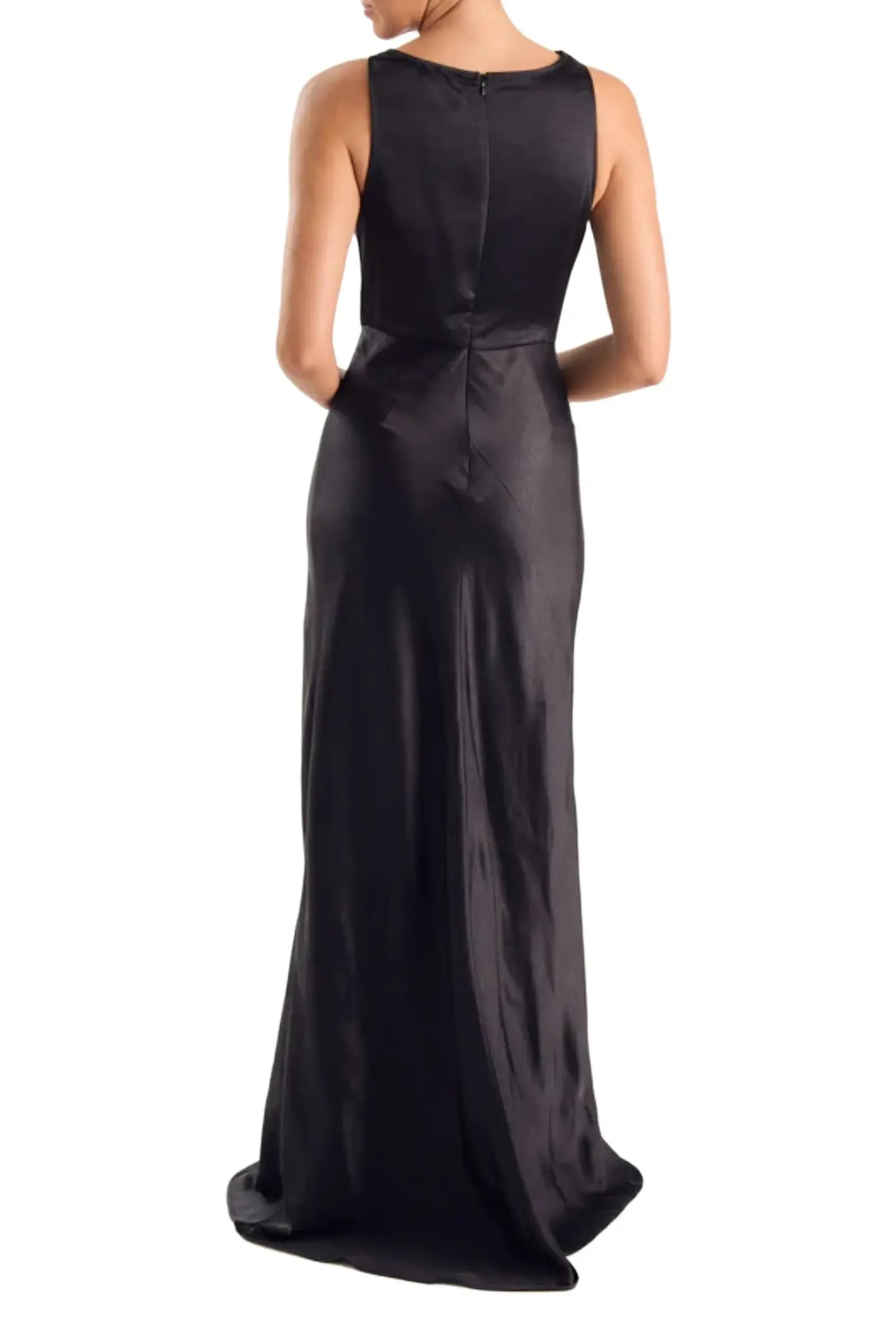 Elegant Fitted Cowl Neck Sleeveless Satin Back Zip Floor-Length Evening Gown