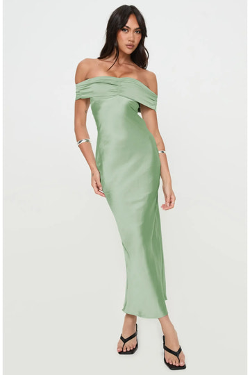 Elegant Bodycon Off-the-Shoulder Sleeveless Satin Ruched Bust Midi Cocktail Dress