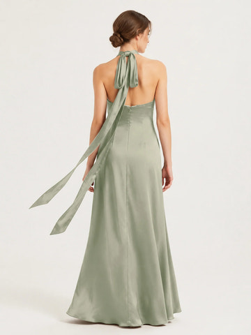 Halter Neck Keyhole Satin Mermaid Bridesmaid Dress with Back Bow & High Slit