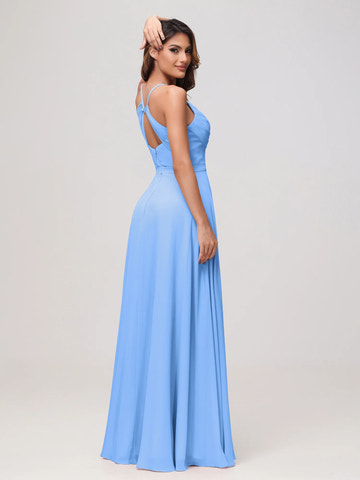 Spaghetti Strap Cowl Neck Chiffon Bridesmaid Dress with Sash & Slit