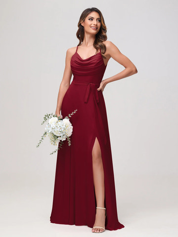 Spaghetti Strap Cowl Neck Chiffon Bridesmaid Dress with Sash & Slit