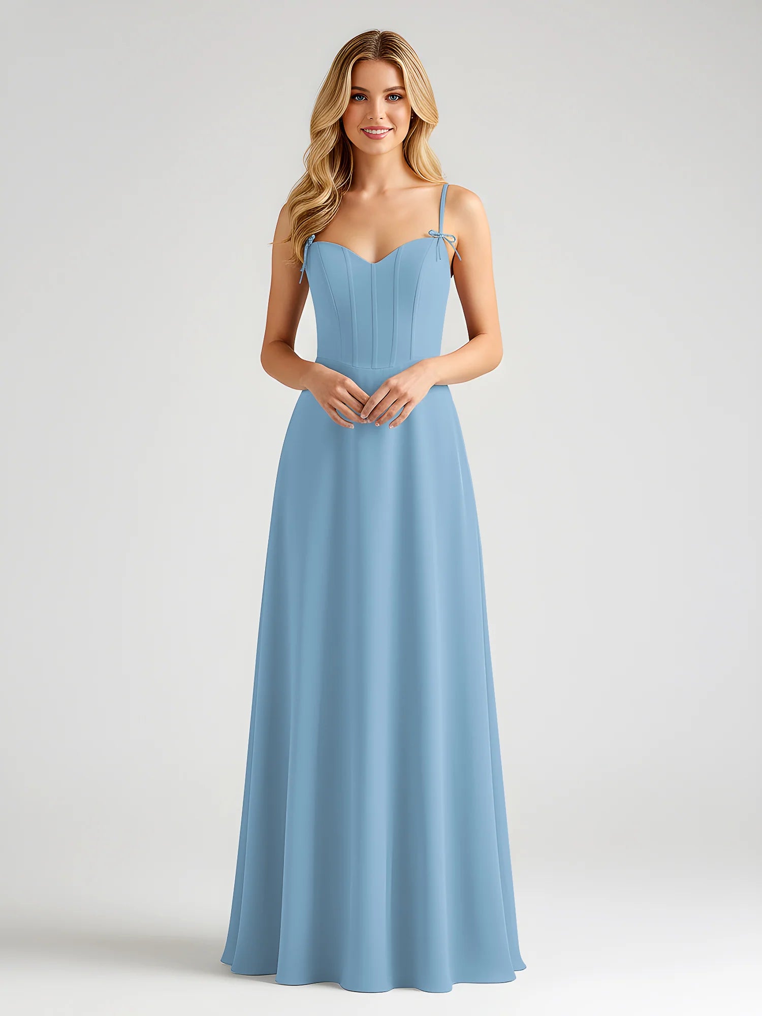 Spaghetti Strap Sweetheart Corset Bodice Chiffon A-Line Bridesmaid Maxi Dress