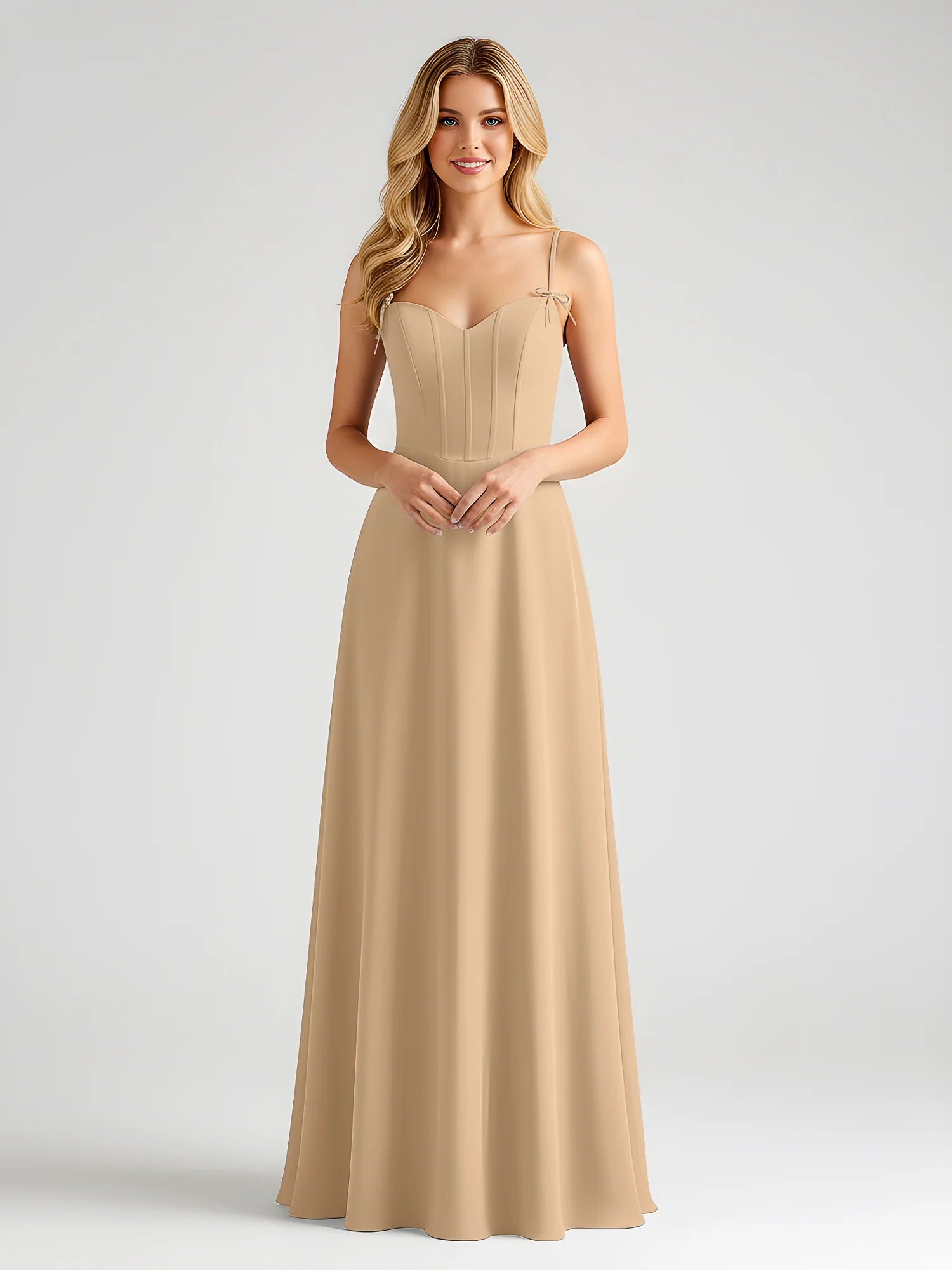 Spaghetti Strap Sweetheart Corset Bodice Chiffon A-Line Bridesmaid Maxi Dress