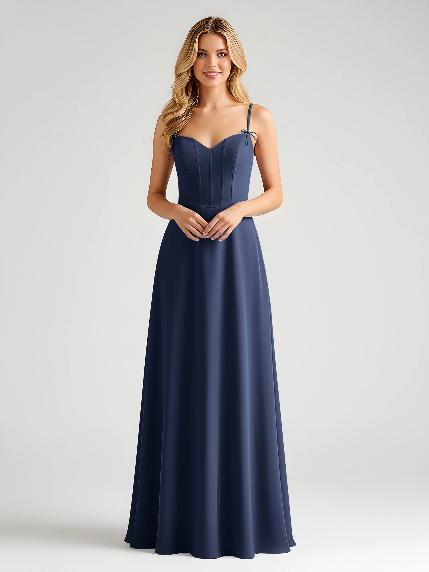 Spaghetti Strap Sweetheart Corset Bodice Chiffon A-Line Bridesmaid Maxi Dress