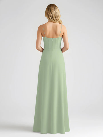 Back view of dusty sage chiffon bridesmaid dress with low back, spaghetti straps, hidden zipper, structured bodice, and floor-length A-line skirt by Vedress
