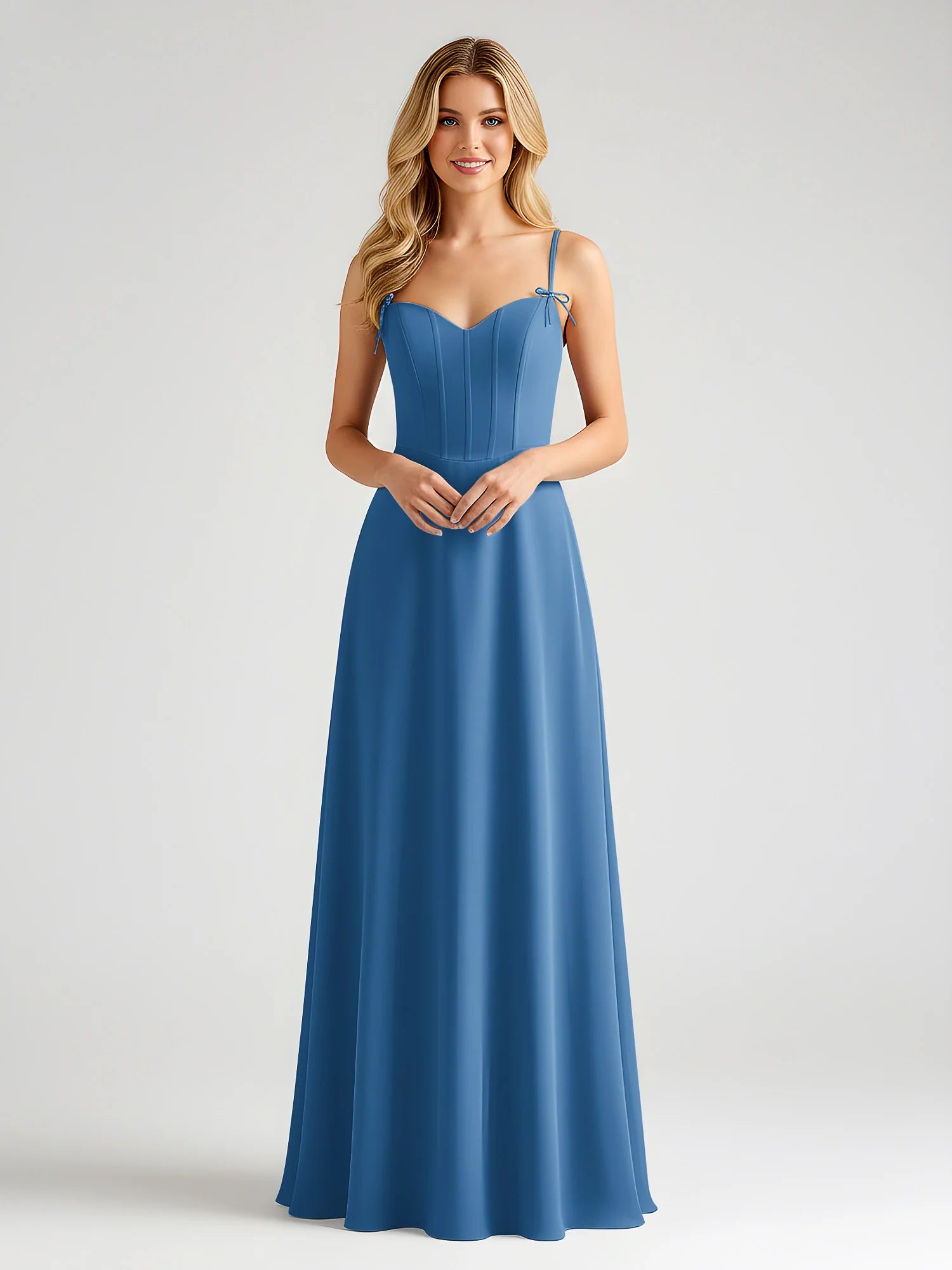 Spaghetti Strap Sweetheart Corset Bodice Chiffon A-Line Bridesmaid Maxi Dress