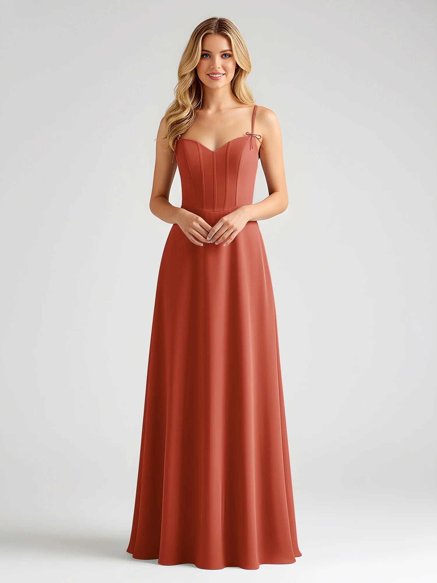 Spaghetti Strap Sweetheart Corset Bodice Chiffon A-Line Bridesmaid Maxi Dress