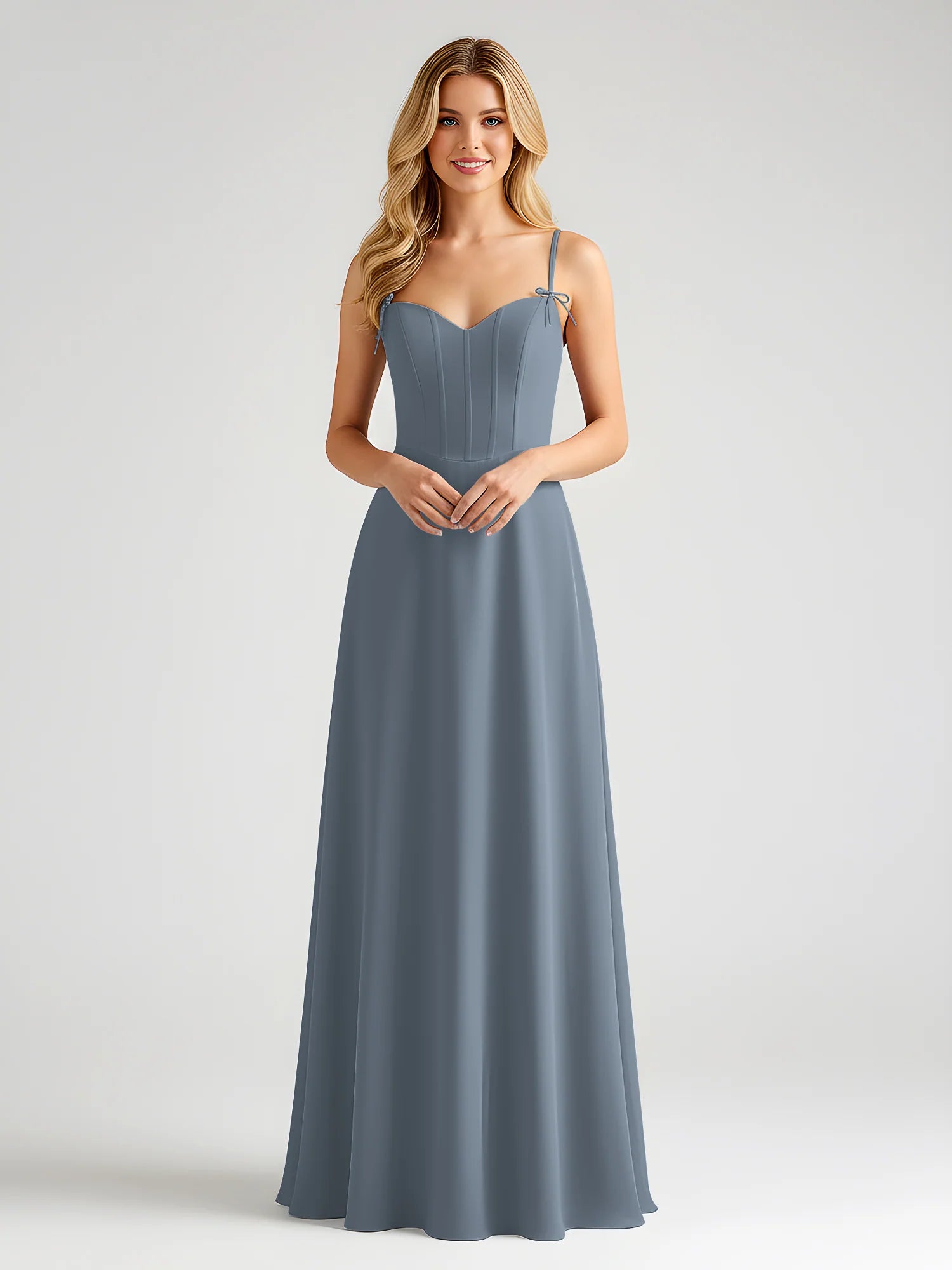 Spaghetti Strap Sweetheart Corset Bodice Chiffon A-Line Bridesmaid Maxi Dress