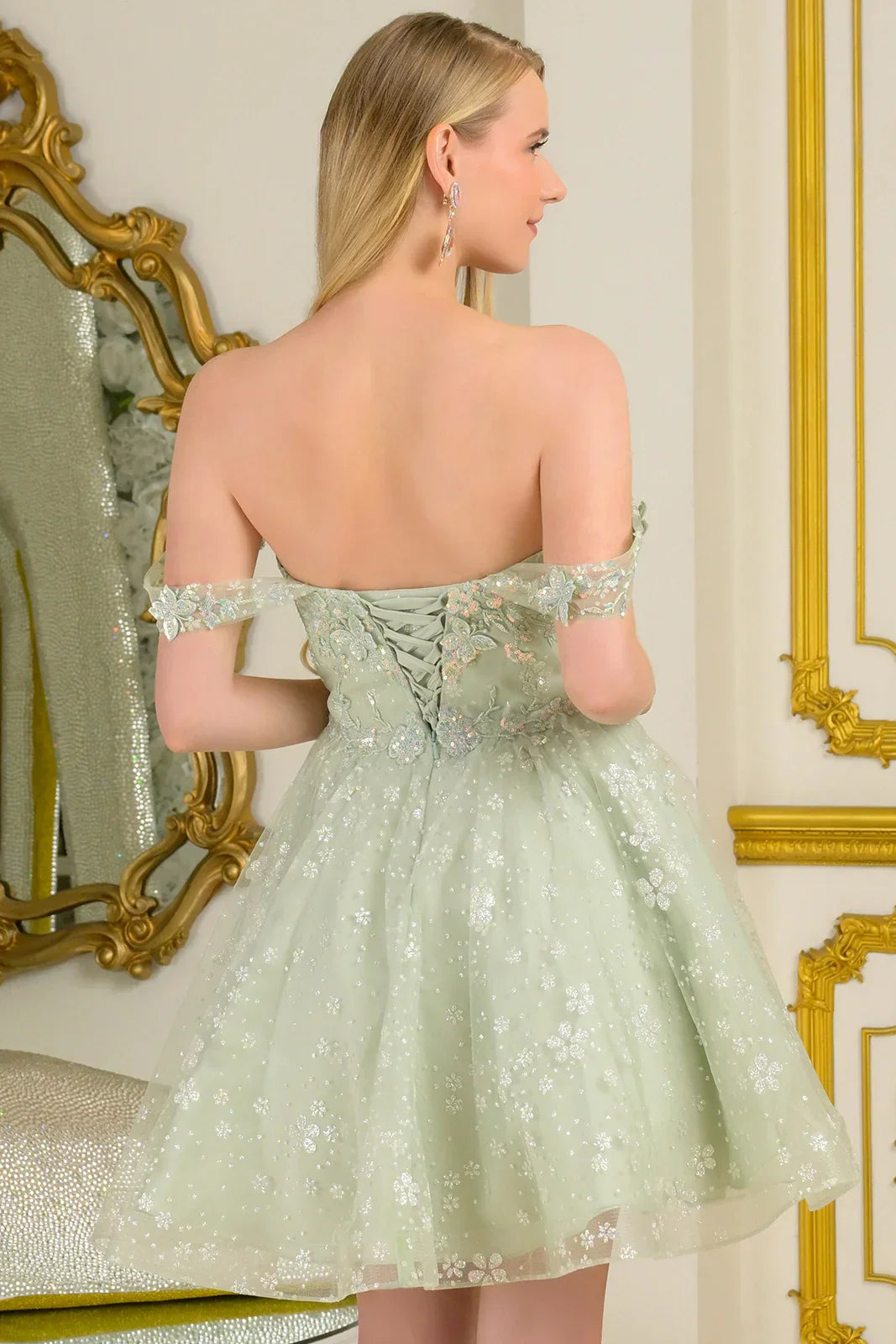 Embellished A-Line Off-The-Shoulder Tulle Homecoming Dress with Lace-Up Back