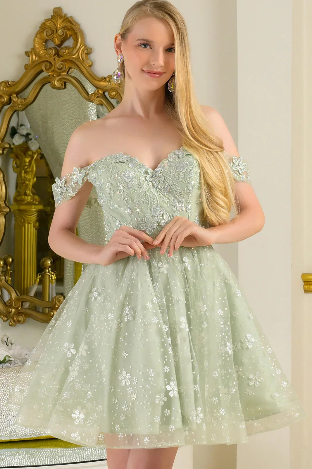 Embellished A-Line Off-The-Shoulder Tulle Homecoming Dress with Lace-Up Back