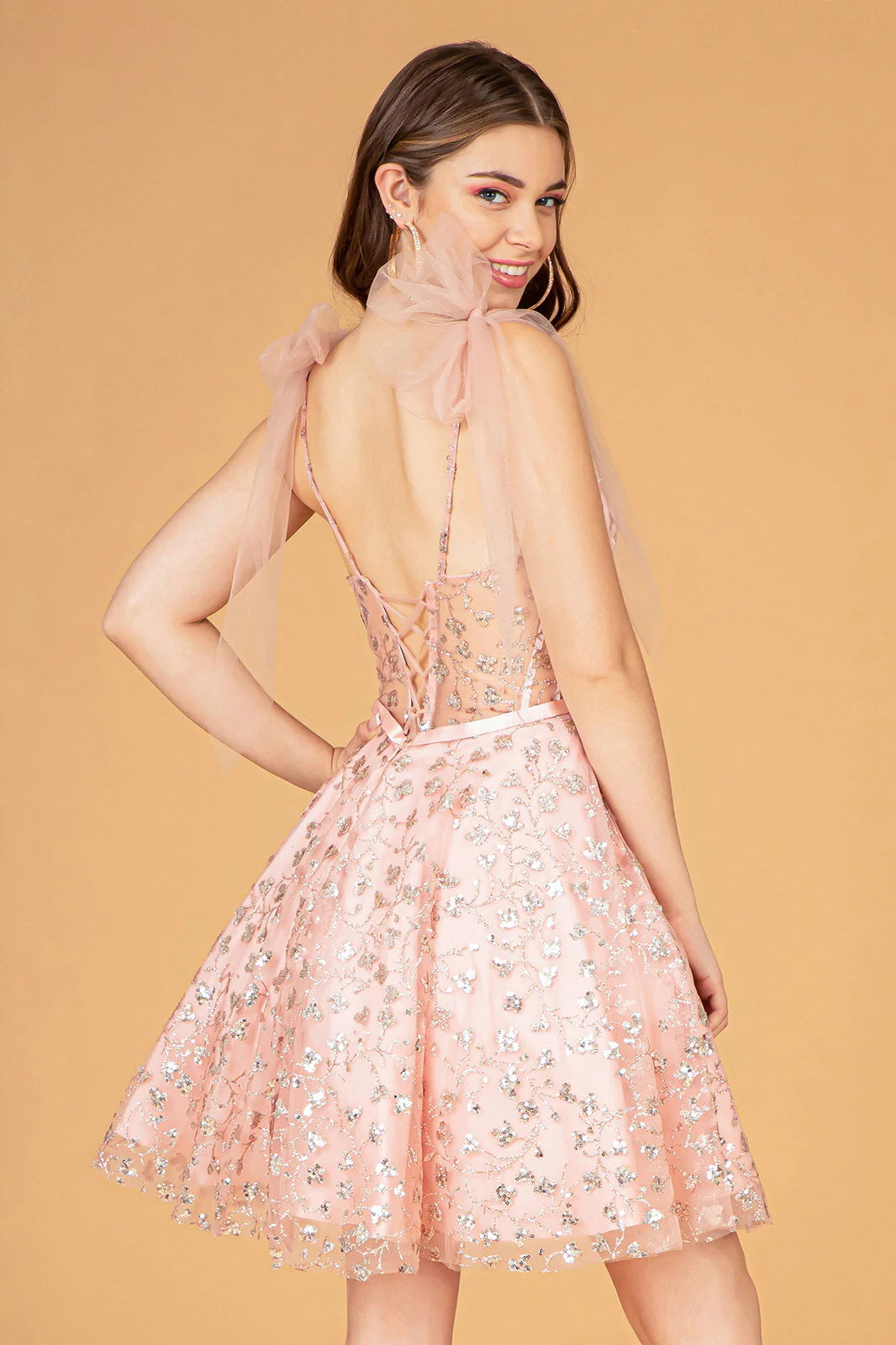 Embellished A-Line V-Neck Tulle Homecoming Dress with Bow Straps