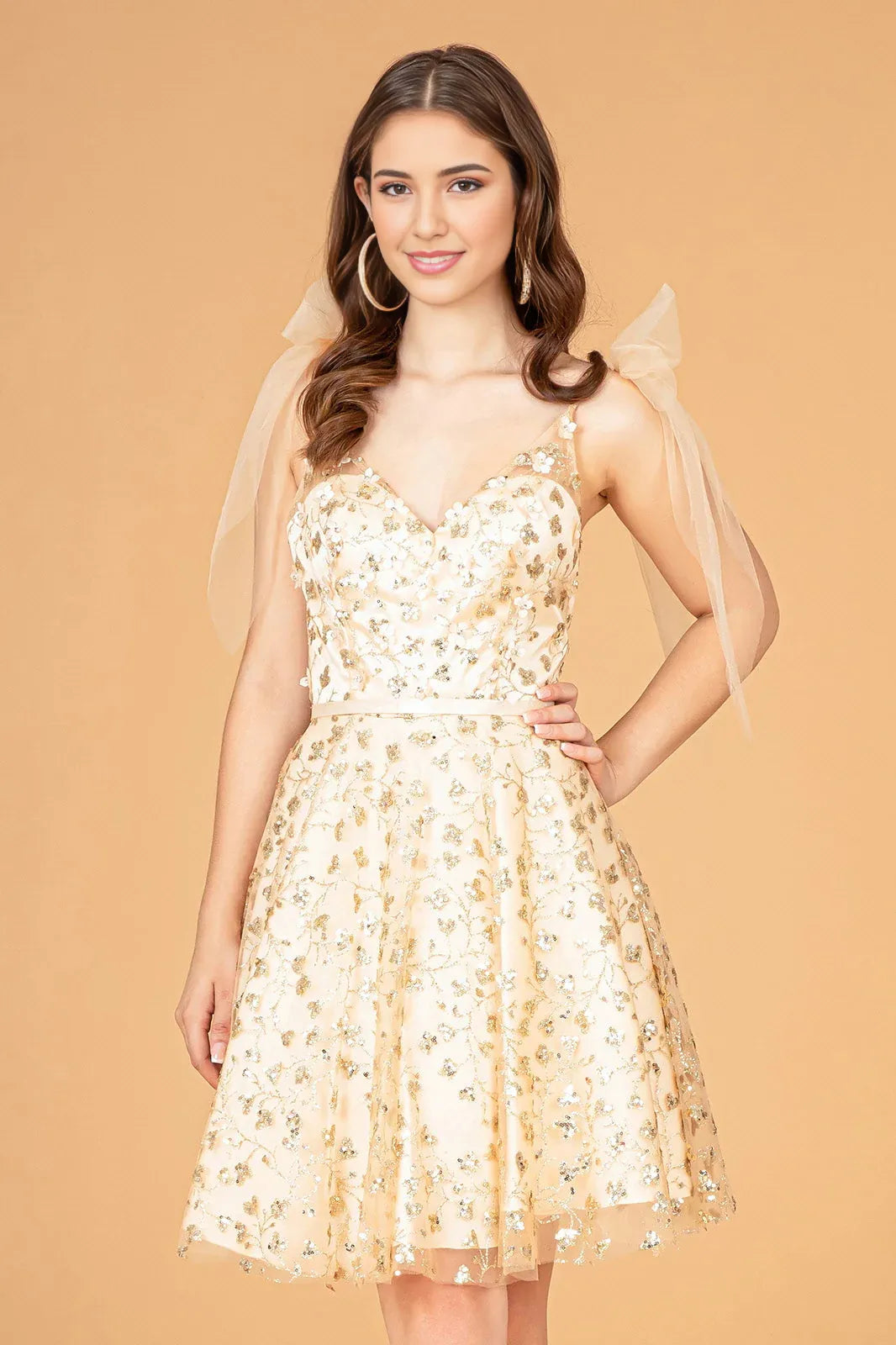 Embellished A-Line V-Neck Tulle Homecoming Dress with Bow Straps