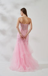 Embellished Mermaid Strapless Sleeveless Tulle Floor-Length Beaded Prom Dress