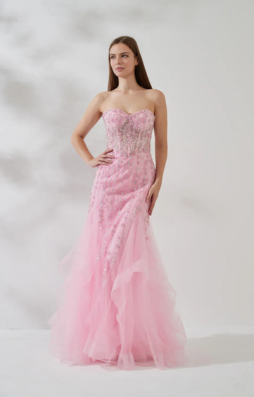Embellished Mermaid Strapless Sleeveless Tulle Floor-Length Beaded Prom Dress