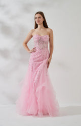 Embellished Mermaid Strapless Sleeveless Tulle Floor-Length Beaded Prom Dress