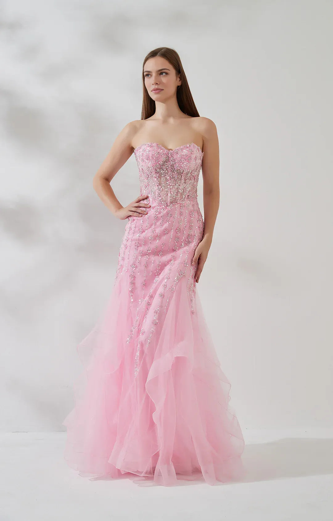 Embellished Mermaid Strapless Sleeveless Tulle Floor-Length Beaded Prom Dress