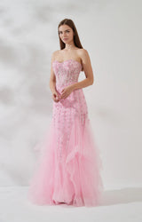Embellished Mermaid Strapless Sleeveless Tulle Floor-Length Beaded Prom Dress