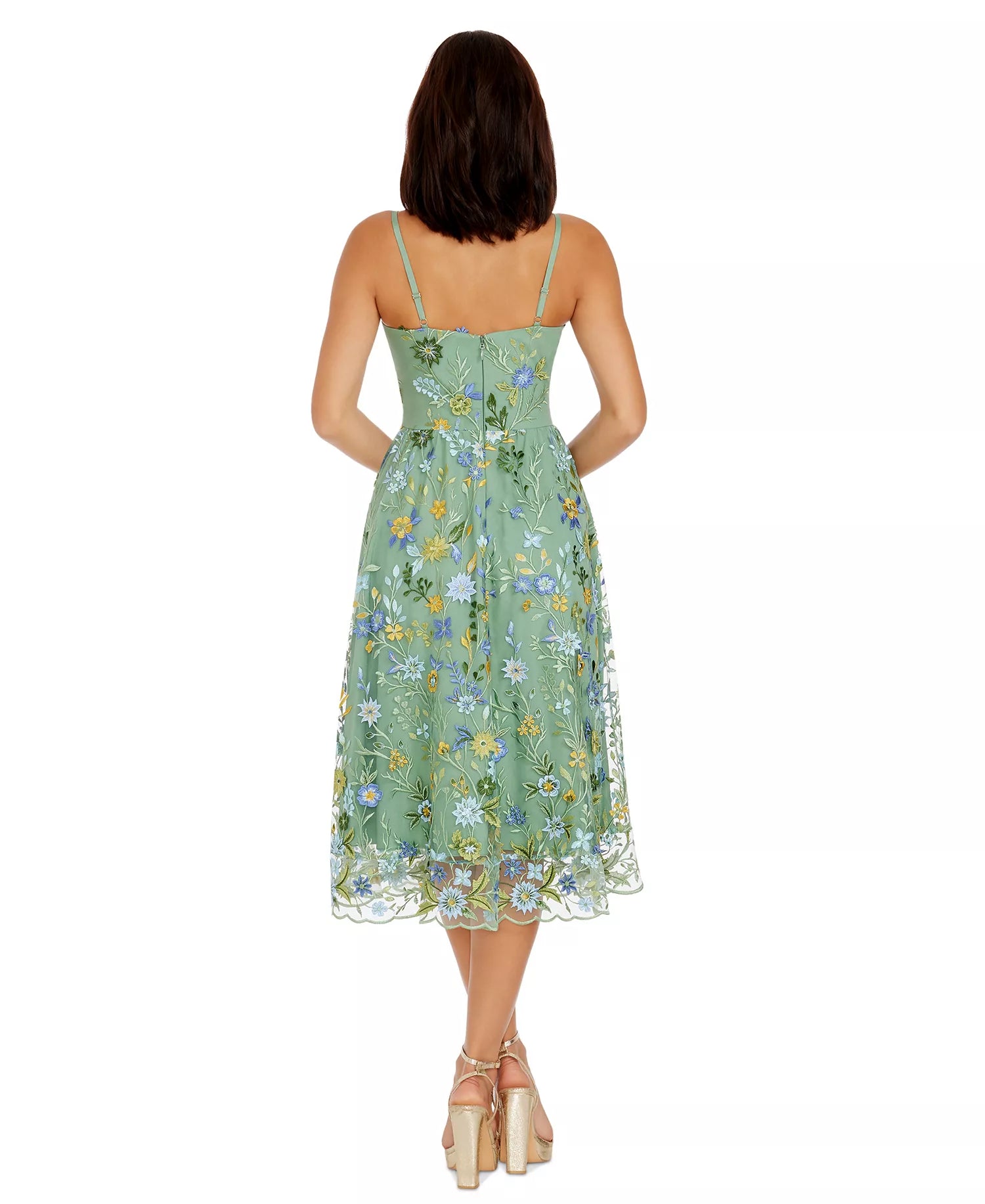 Embroidered Fit & Flare Midi Dress A-Line Spaghetti Strap Tulle Cocktail Dress