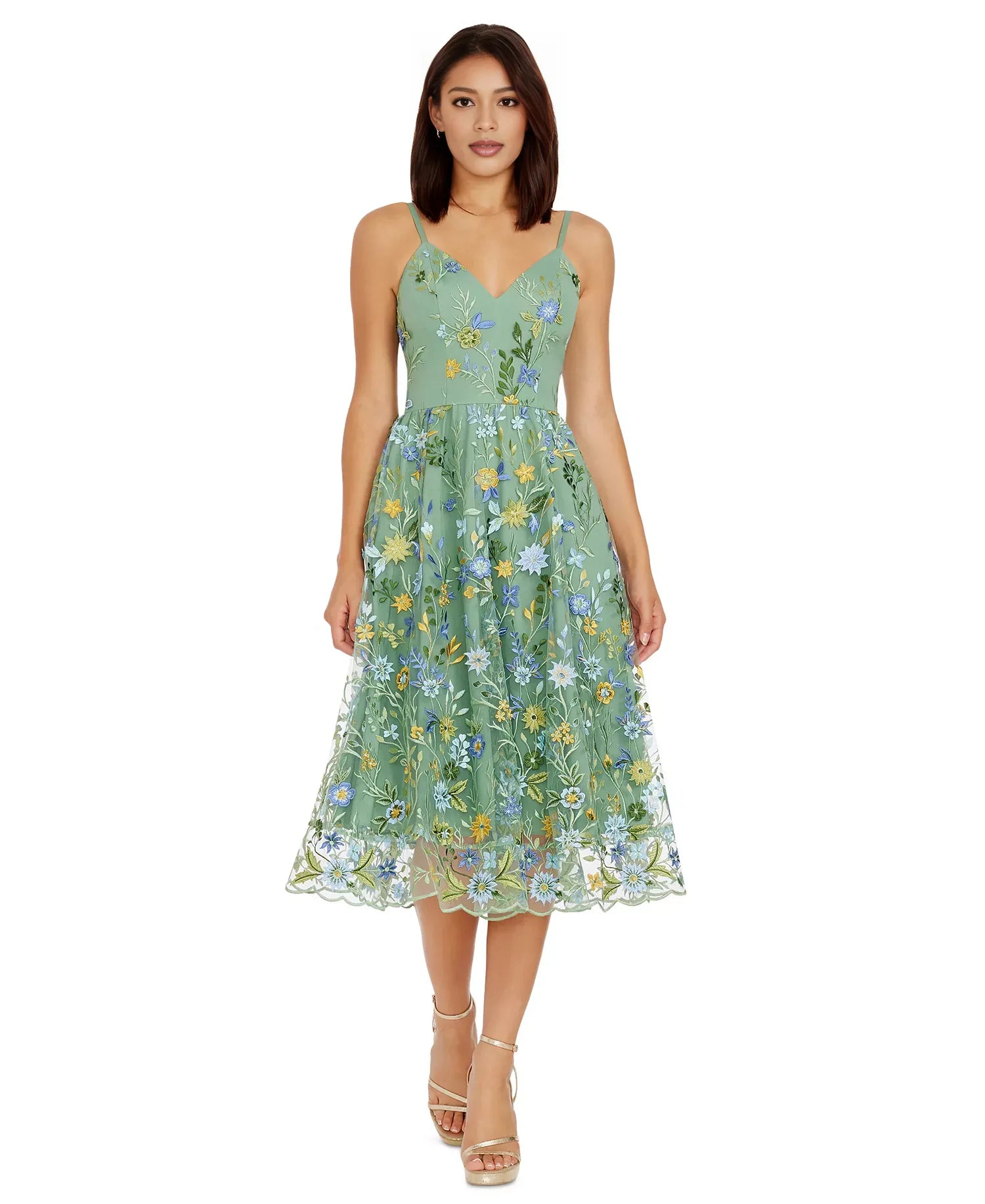 Embroidered Fit & Flare Midi Dress A-Line Spaghetti Strap Tulle Cocktail Dress