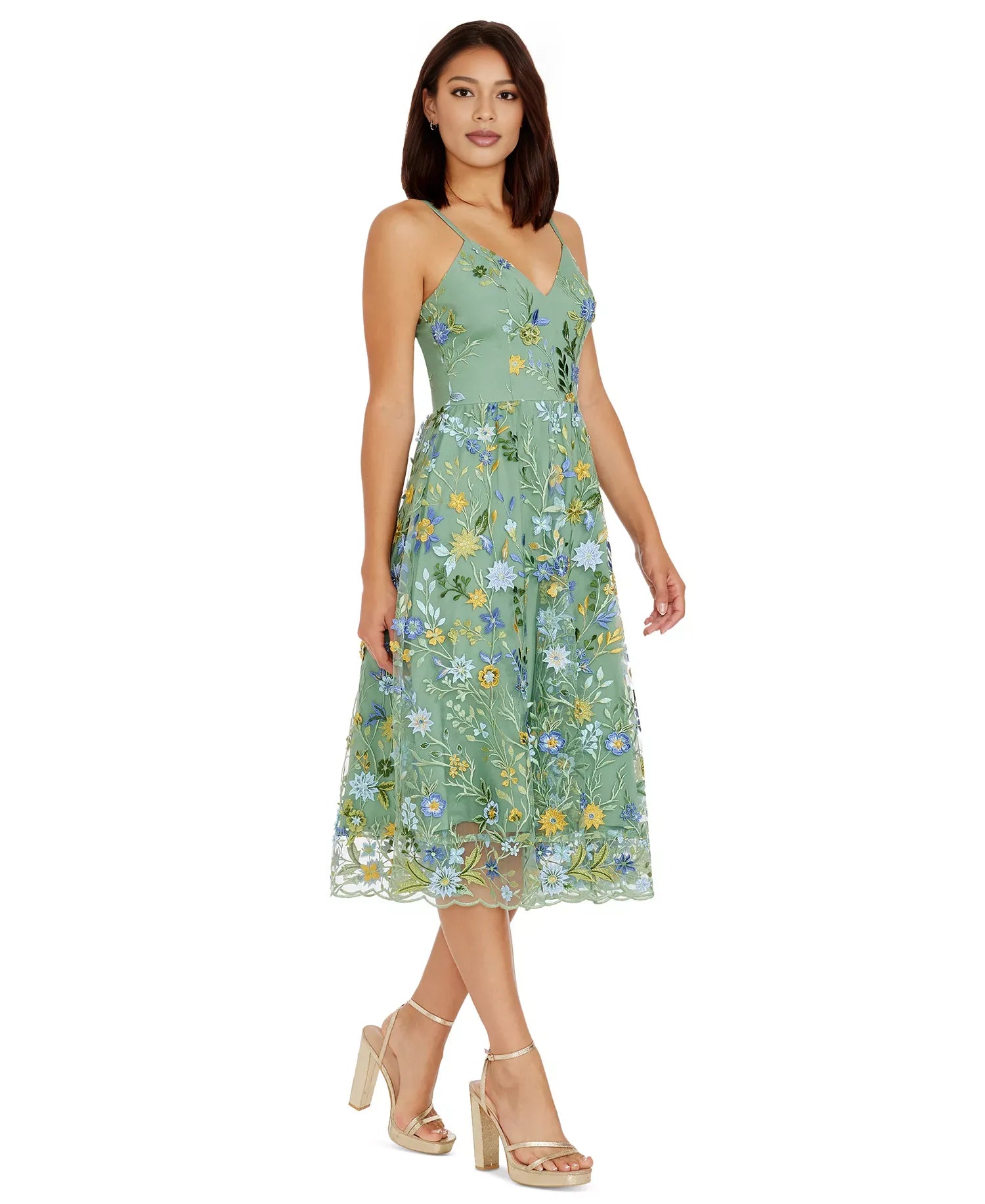 Embroidered Fit & Flare Midi Dress A-Line Spaghetti Strap Tulle Cocktail Dress