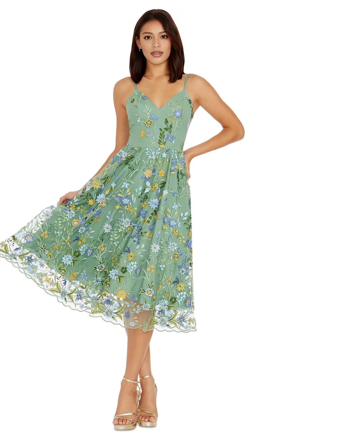 Embroidered Fit & Flare Midi Dress A-Line Spaghetti Strap Tulle Cocktail Dress