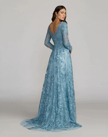 Vestido de noche acampanado con manga larga, cuello en V, bordado y cuentas, para invitada de boda