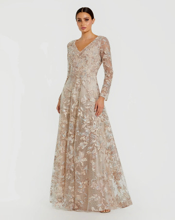 Vestido de noche acampanado con manga larga, cuello en V, bordado y cuentas, para invitada de boda