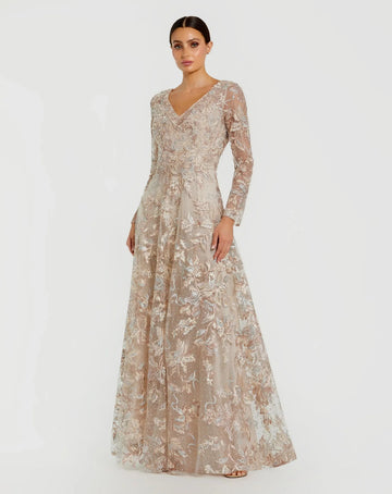 Embroidered Beaded Long-Sleeve V-Neck Wedding Guest Dress A-Line Evening Dress