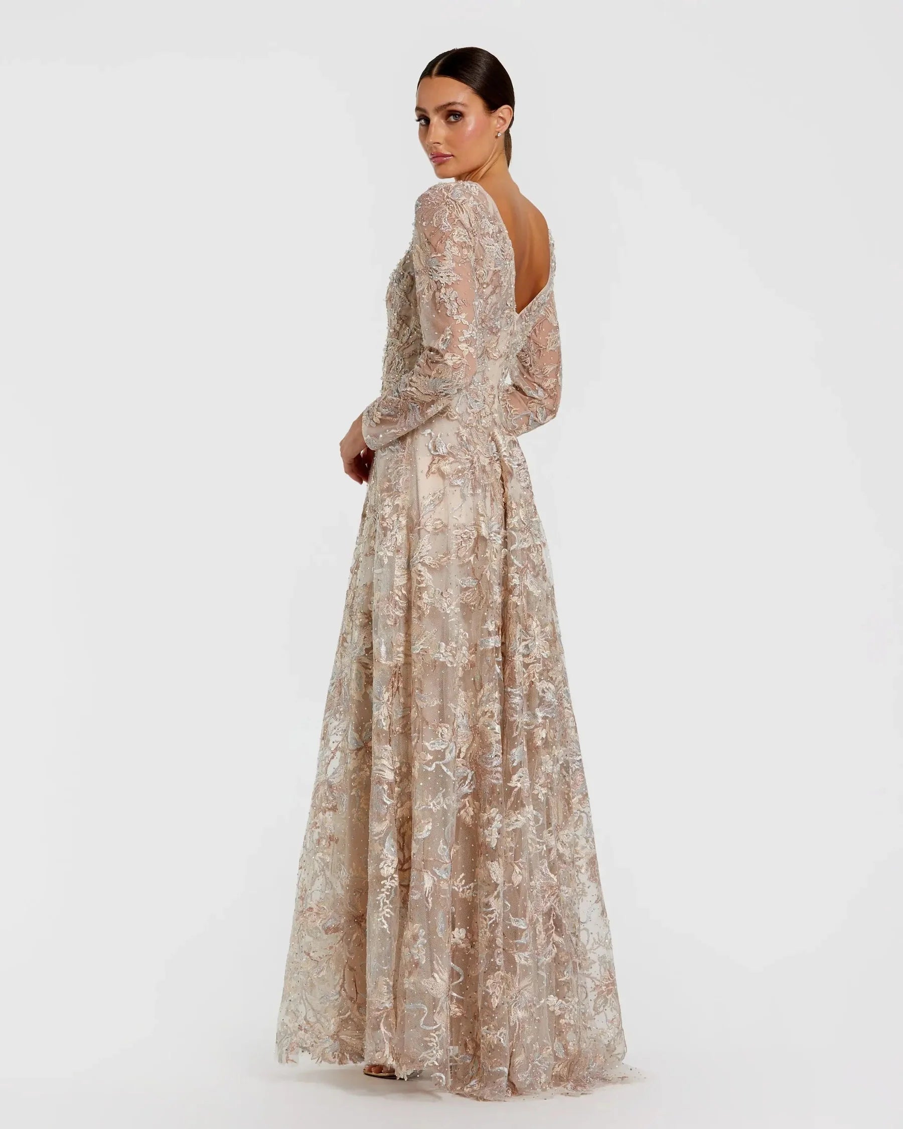 Embroidered Beaded Long-Sleeve V-Neck Wedding Guest Dress A-Line Evening Dress