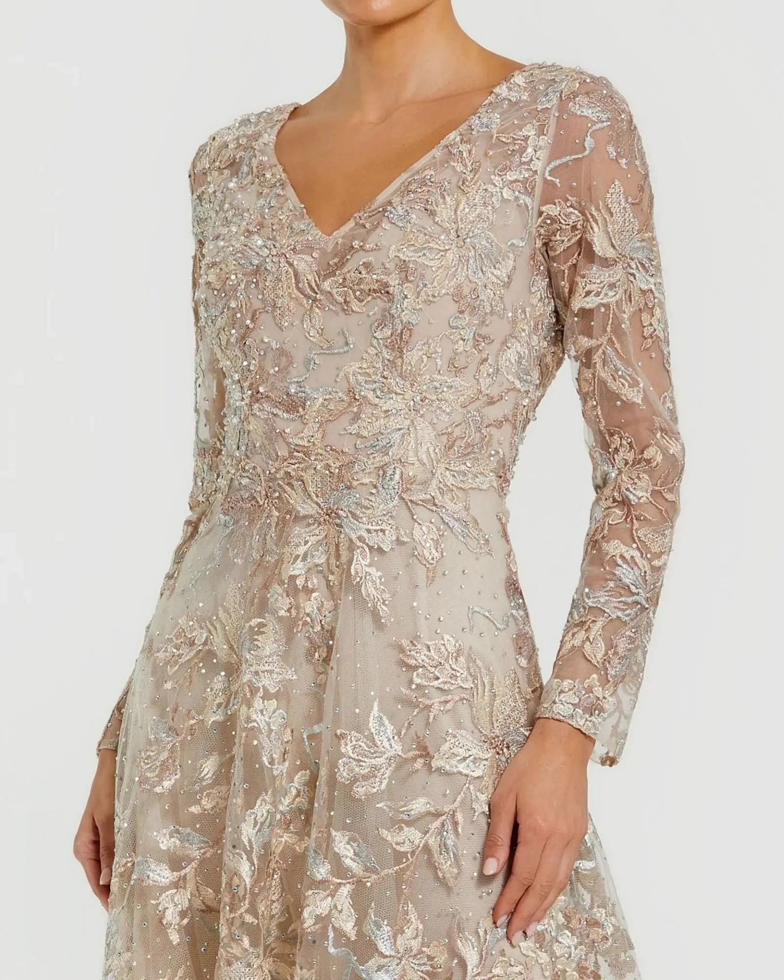Embroidered Beaded Long-Sleeve V-Neck Wedding Guest Dress A-Line Evening Dress