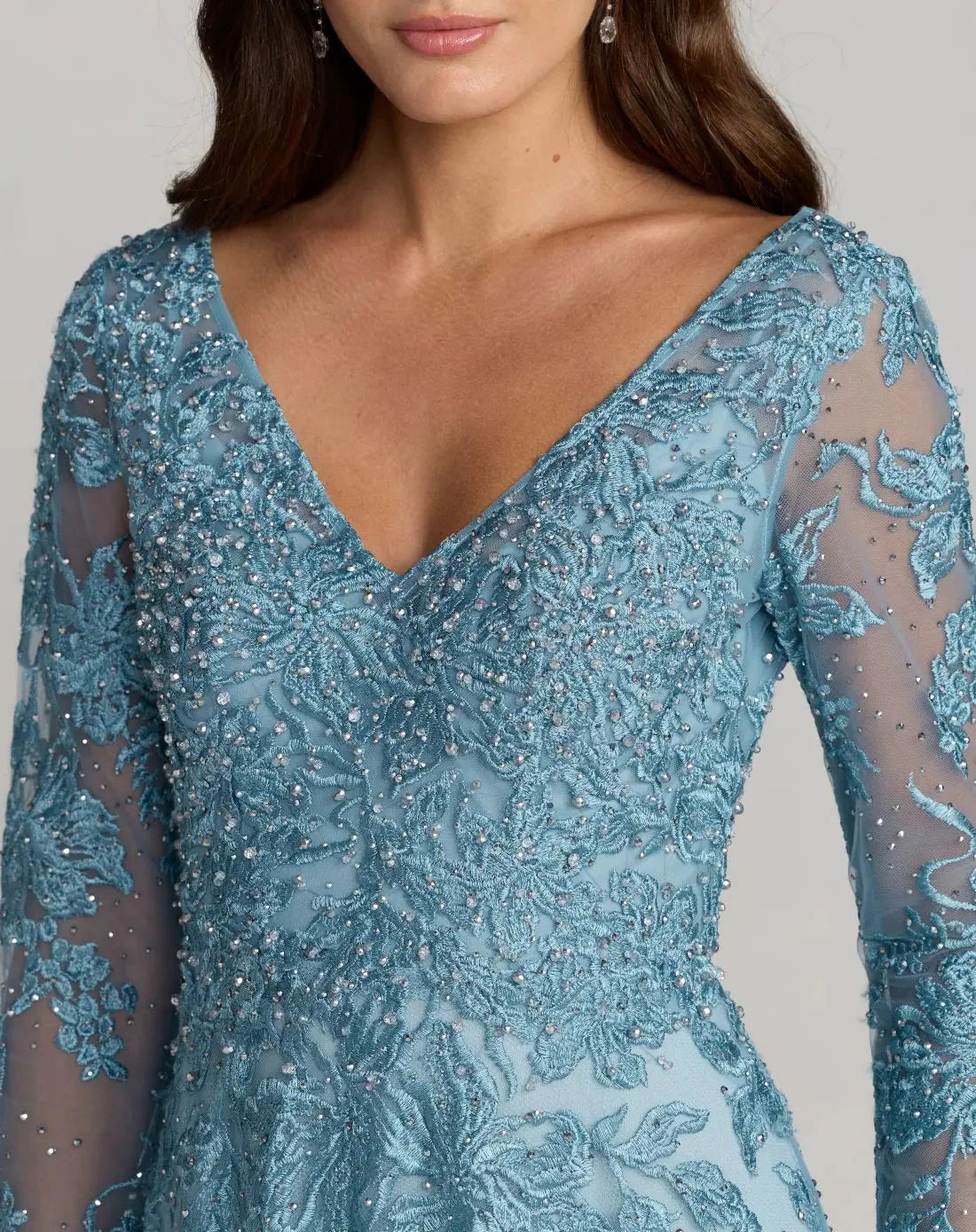 Embroidered Beaded Long-Sleeve V-Neck Wedding Guest Dress A-Line Evening Dress