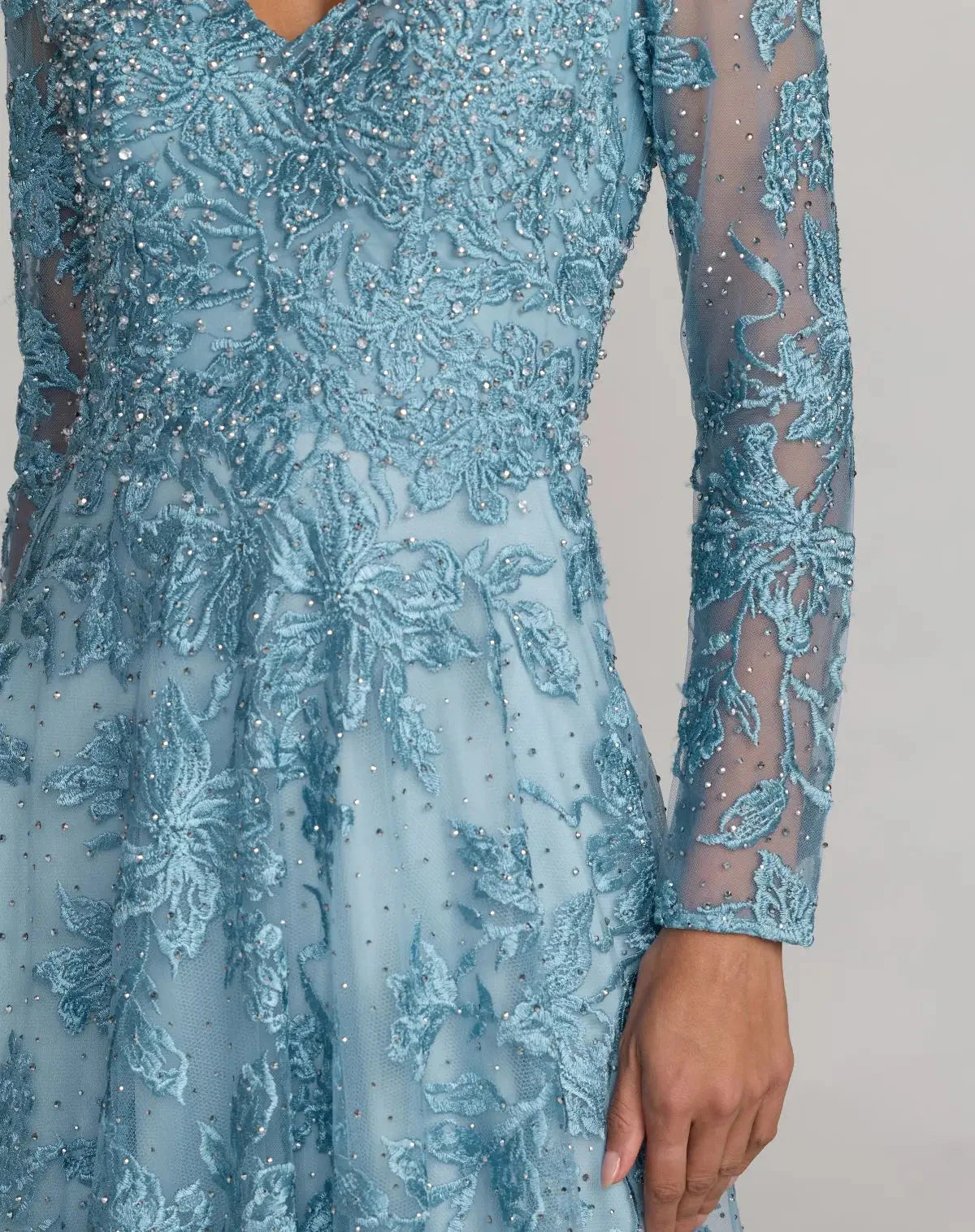 Embroidered Beaded Long-Sleeve V-Neck Wedding Guest Dress A-Line Evening Dress