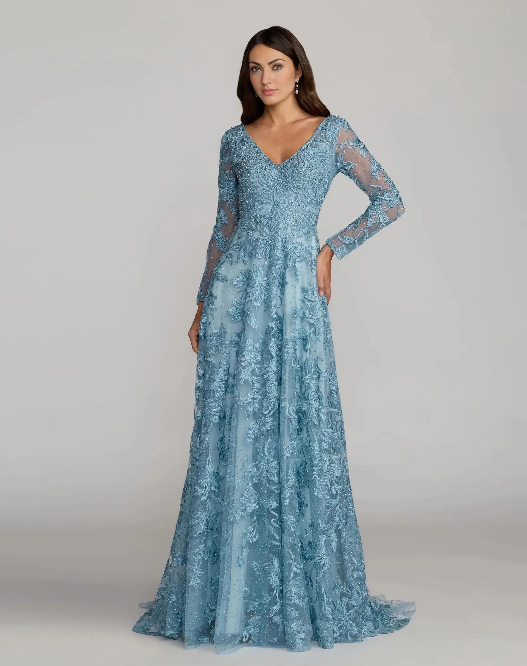 Embroidered Beaded Long-Sleeve V-Neck Wedding Guest Dress A-Line Evening Dress