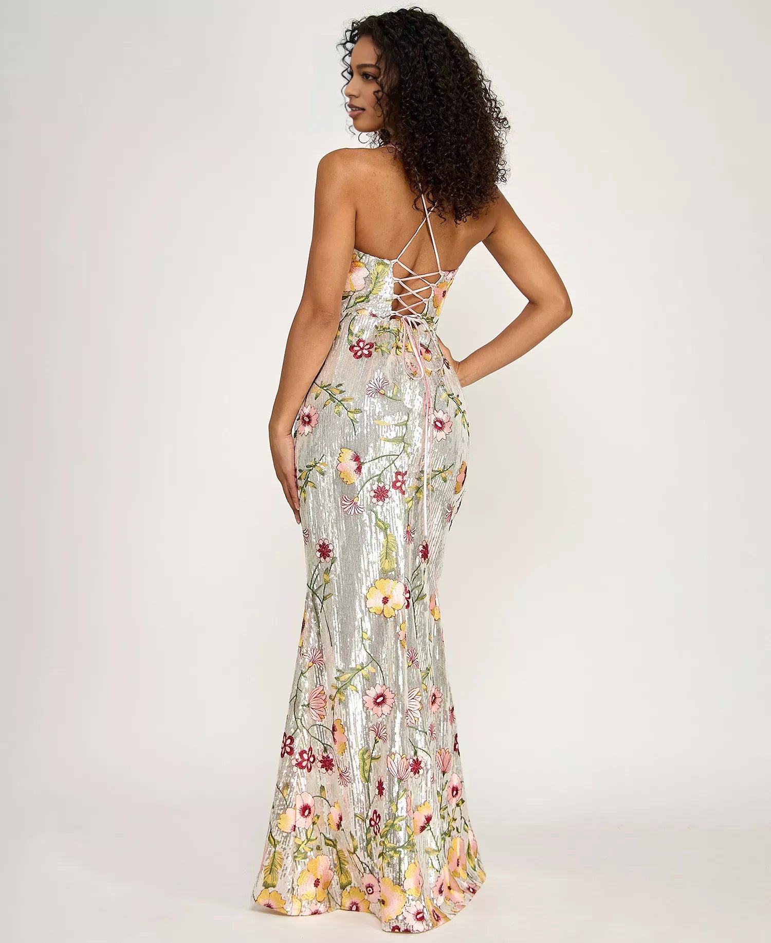 Embroidered Mermaid Scoop Sequin Floor Lace-Up Back Evening Gown