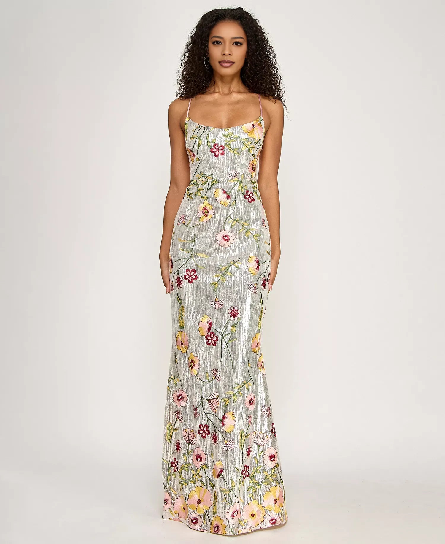 Embroidered Mermaid Scoop Sequin Floor Lace-Up Back Evening Gown